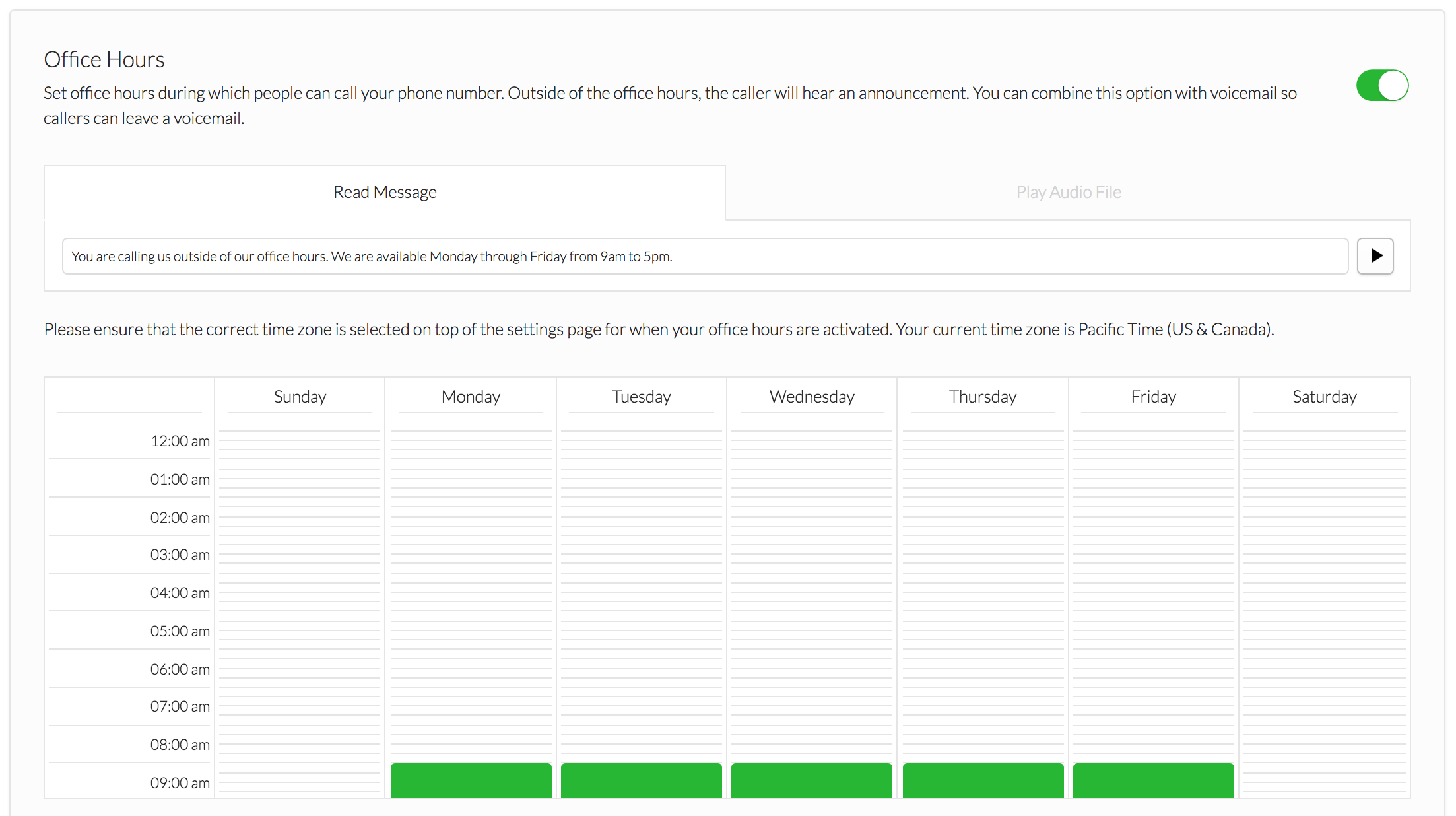 A visual of the office hours configuration screen