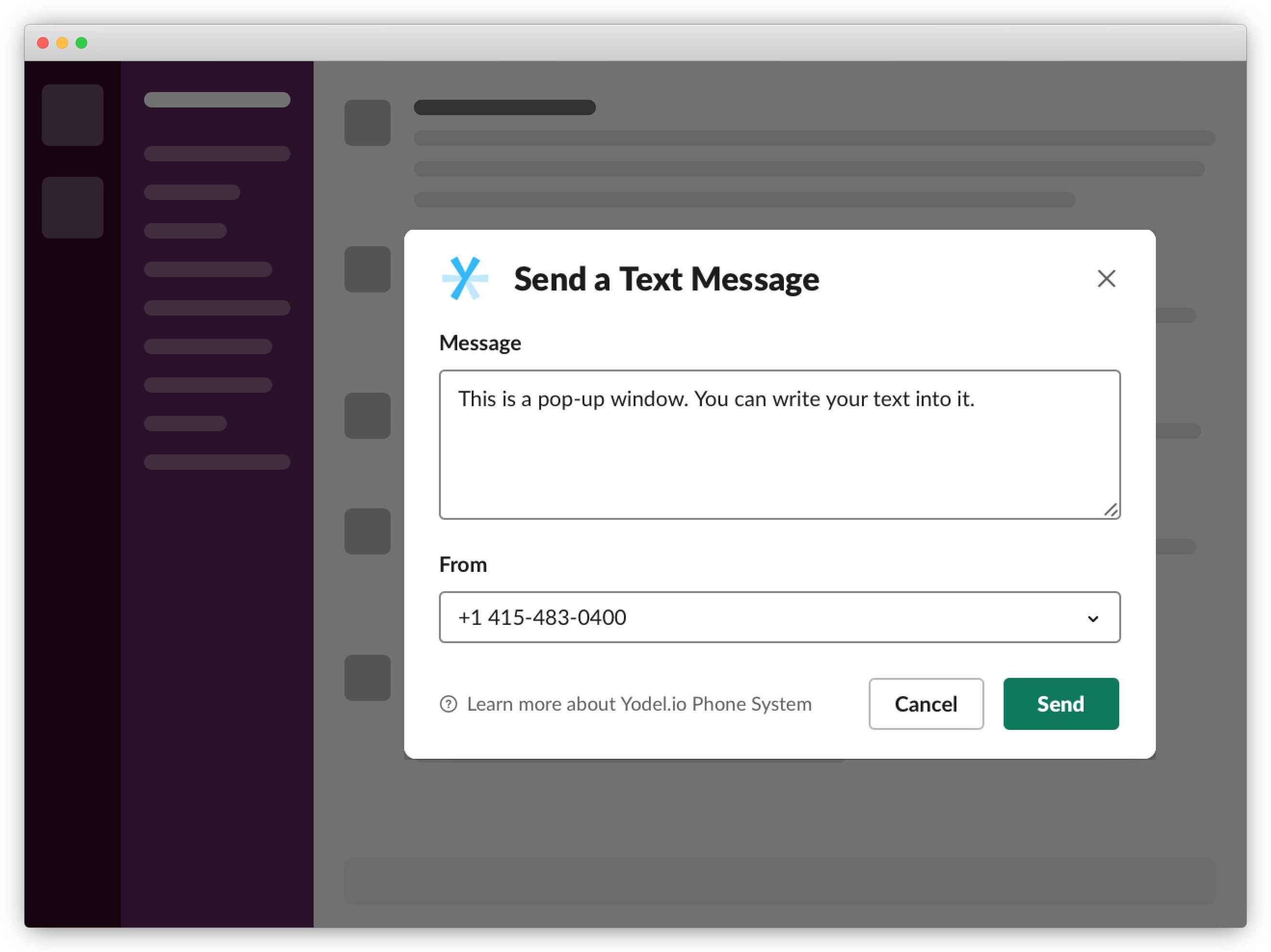 View of the Yodel texting option within Slack integration